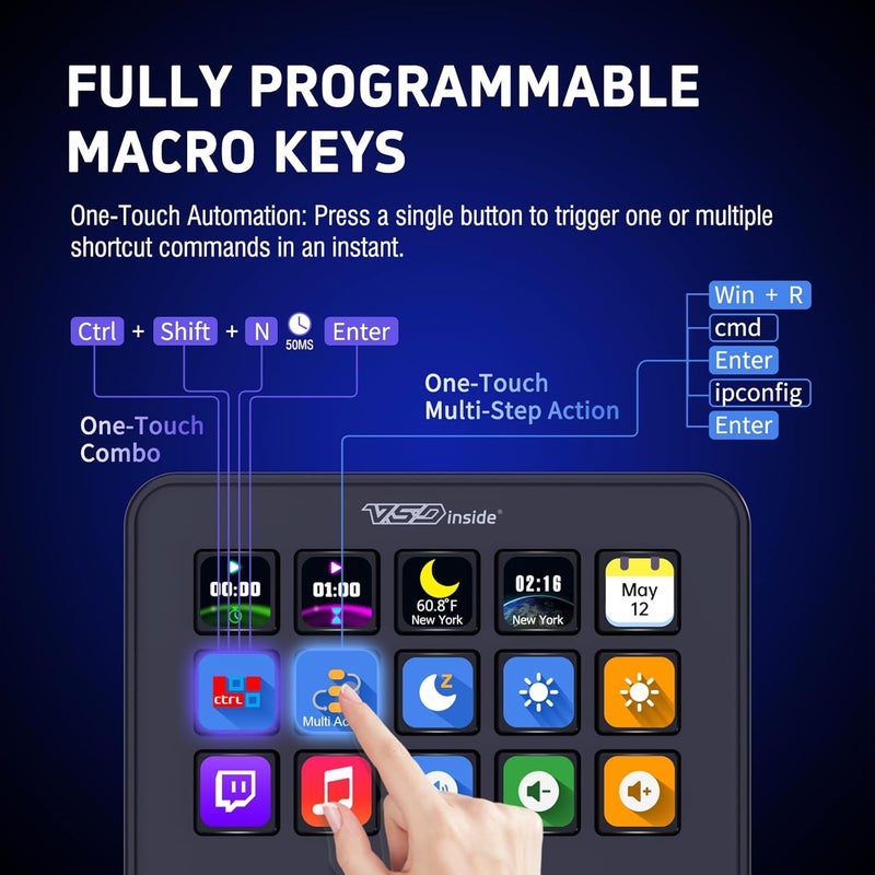 VSDINSIDE Macro Keypad, Stream Controller Deck Gaming Streaming Shortcut Keyboard, 18 Programmable Keys Customizable Visual AI Pad USB Soundboard for OBS, YouTube, Desk Office Setup, Laptop, PC, Mac - Image 2